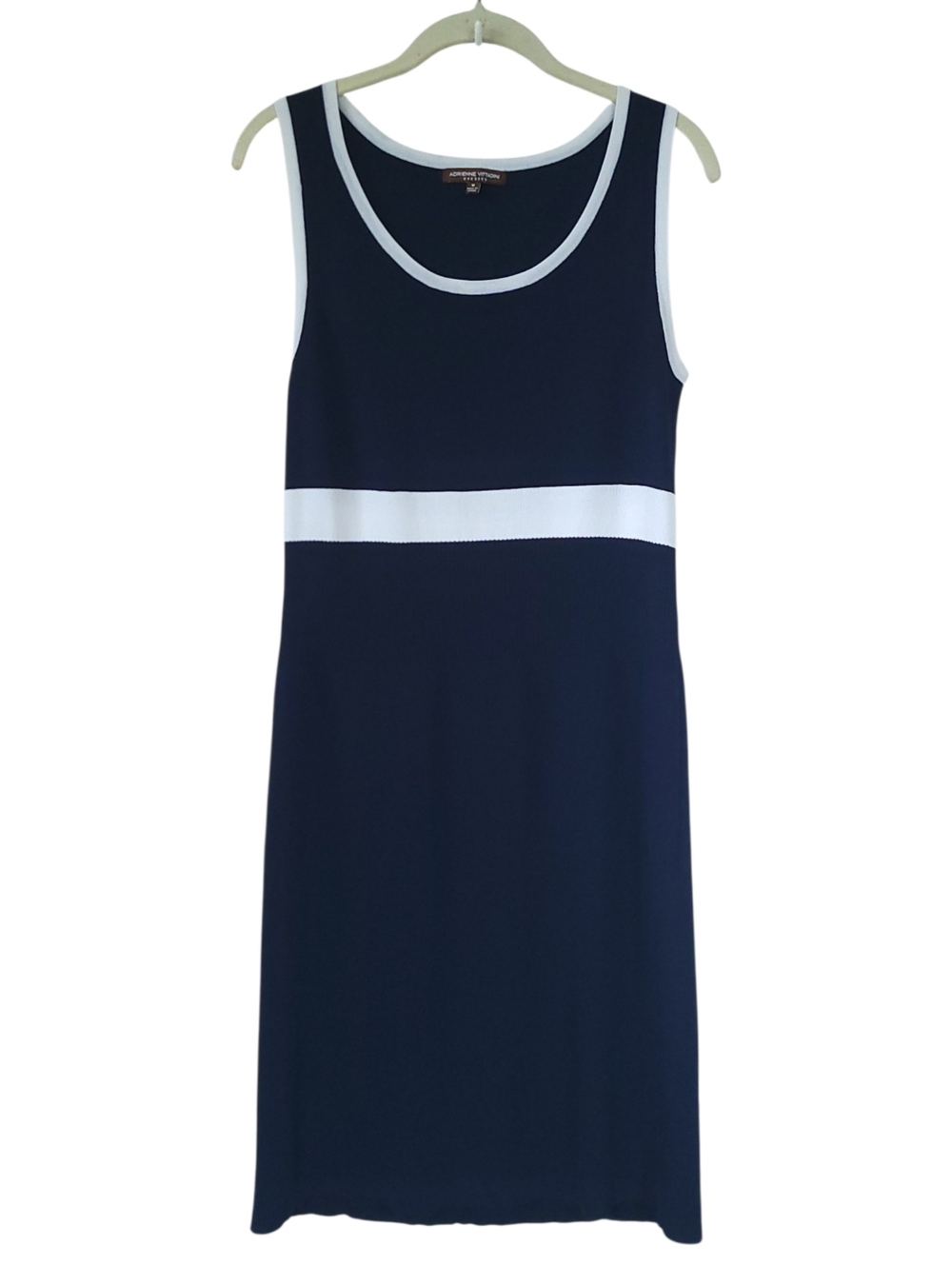 Adrienne Vittadini Navy White Stretch Knit Dress M Nautical Country Club Preppy
